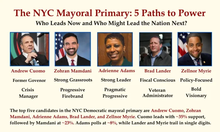 The NYC Mayoral Primary: 5 Paths to Power. Who Leads Now and Who Might Lead the Nation Next?